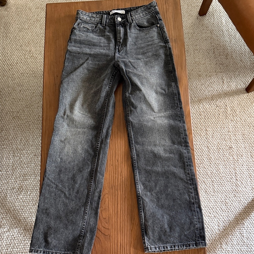 Zara High-Rise Straight Jeans — Washed Black/Grey